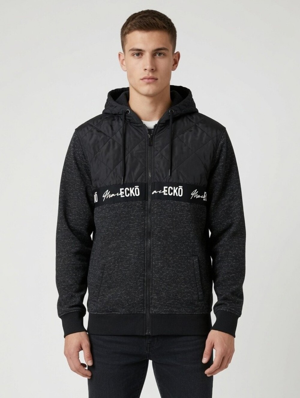 Ecko Unlimited Black Heather Quilted Yoke Zip-Up Hoodie